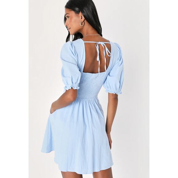 Lulus Dreaming of Paris Blue Puff Sleeve Mini Dress - Cotton Skater Pockets L - Picture 2 of 13